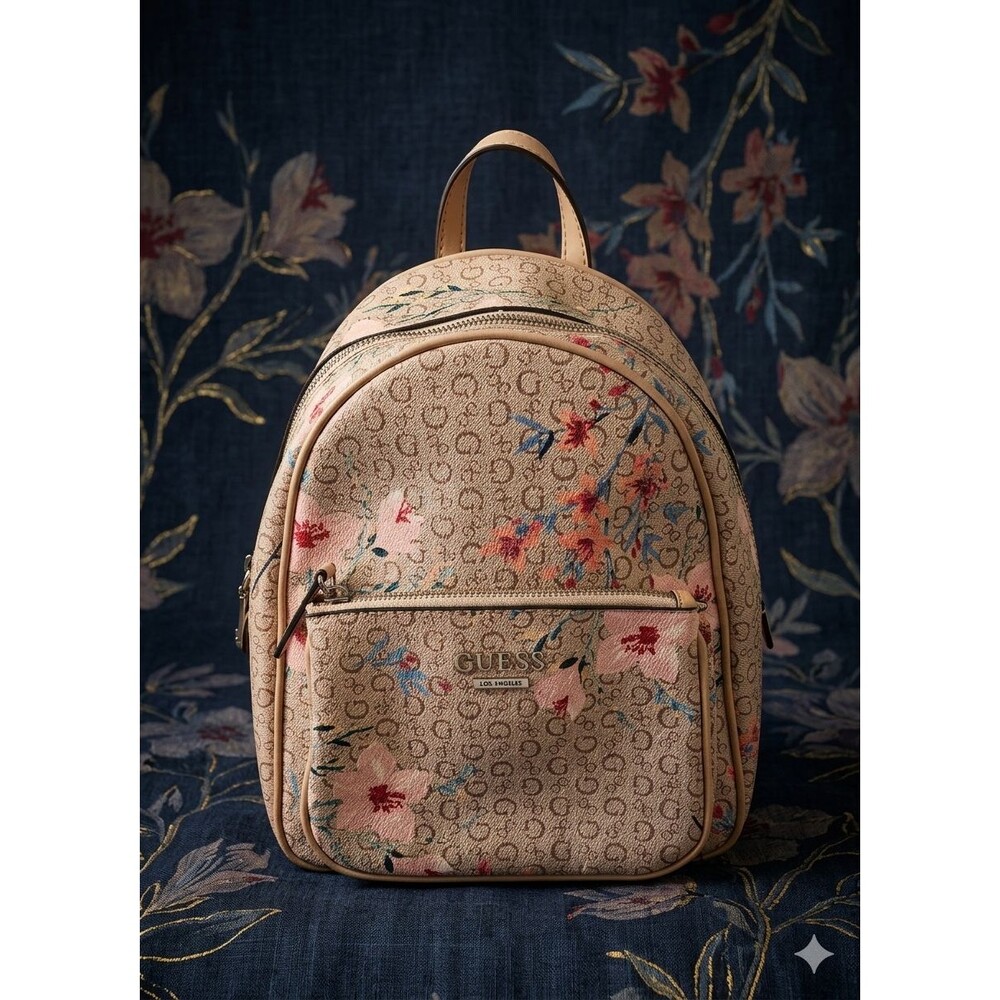 Guess Floral Logo Backpack Beige Monogram Print Zip Front Pockets Spring Casual